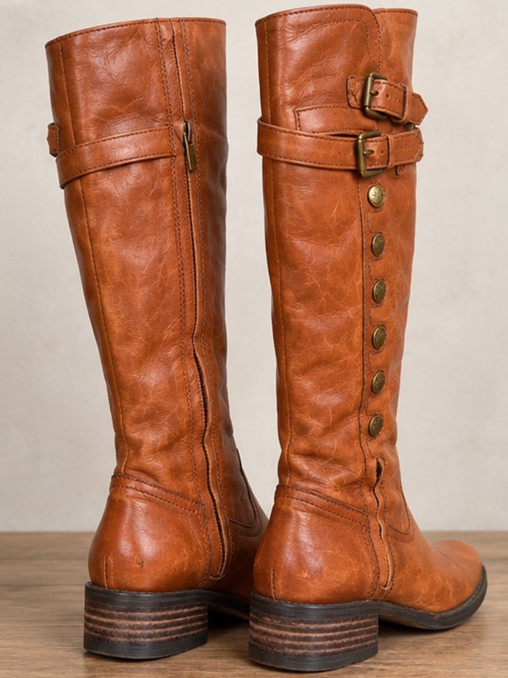Women's Over-the-Knee Buckle & Button Riding Boots - Cognac Leather